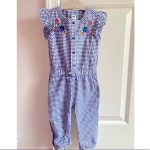 Adorable flutter sleeved blue and white checkered romper with floral embroidery.